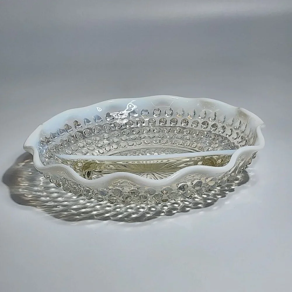 Moonstone Pattern Glass Ruffled Divided Relish with Opalescent Blue Hobnail VTG